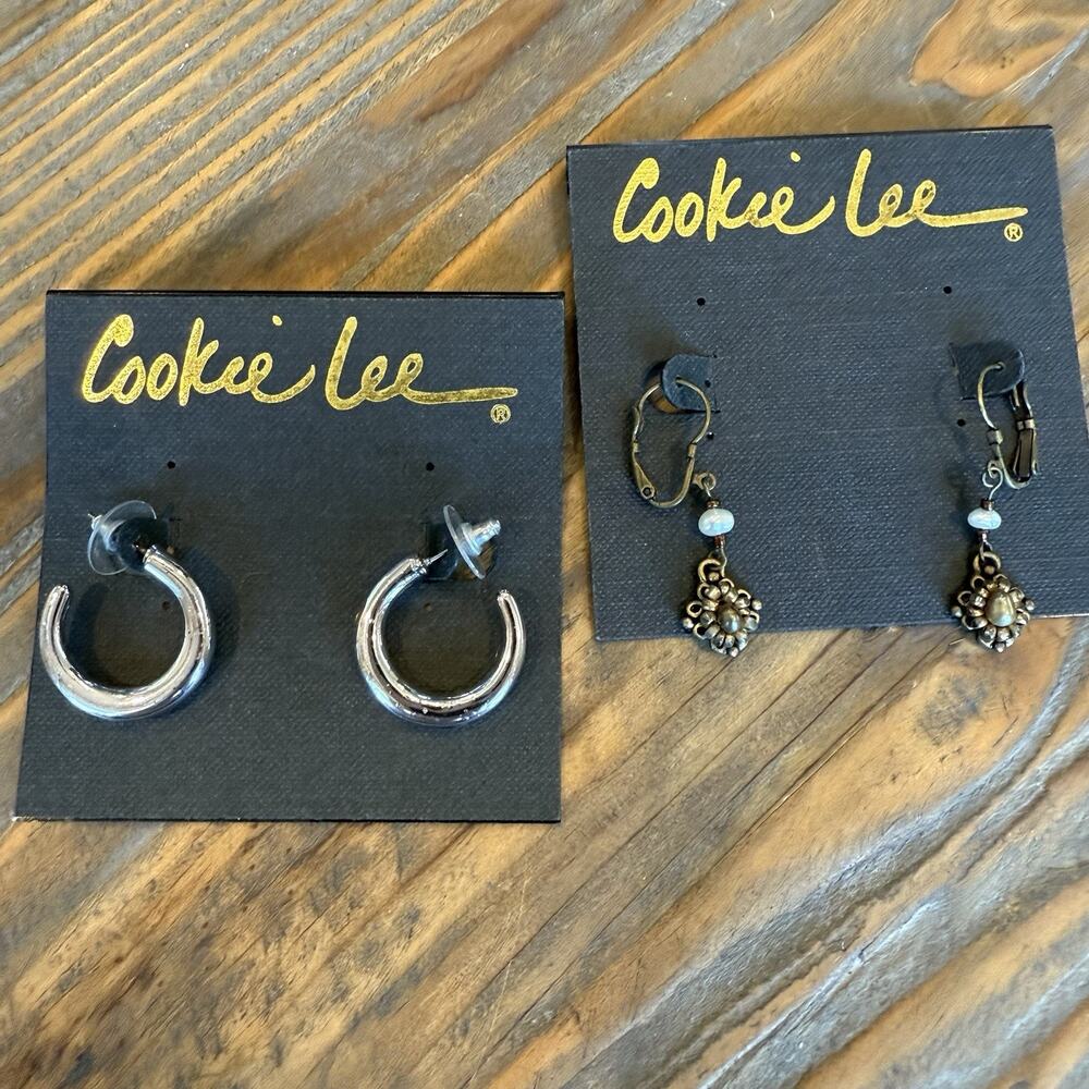 Silver Tone Hoop & Freshwater Pearl Pierced Earring Lot Cookie Lee